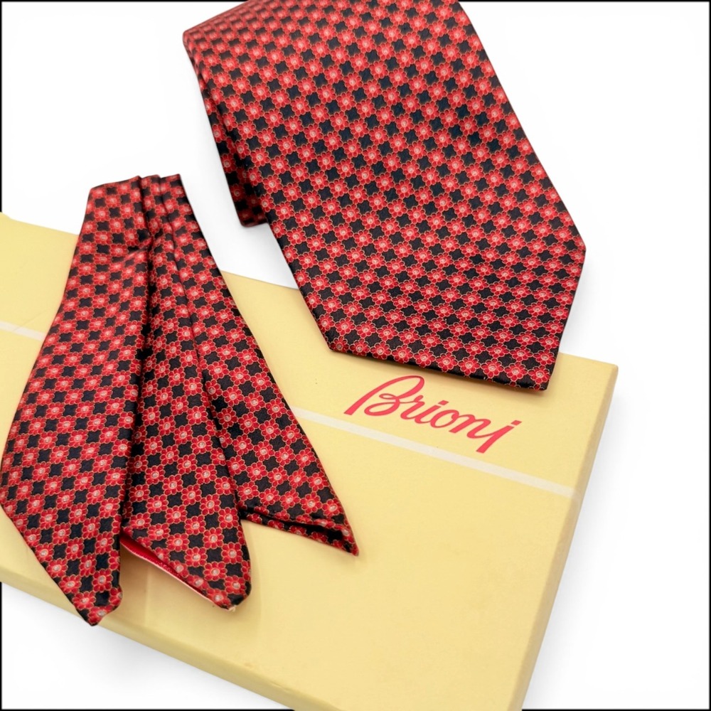 Brioni Micro Geometric Silk Tie Pocket Square Box Set Red Navy Italy Handmade XL
